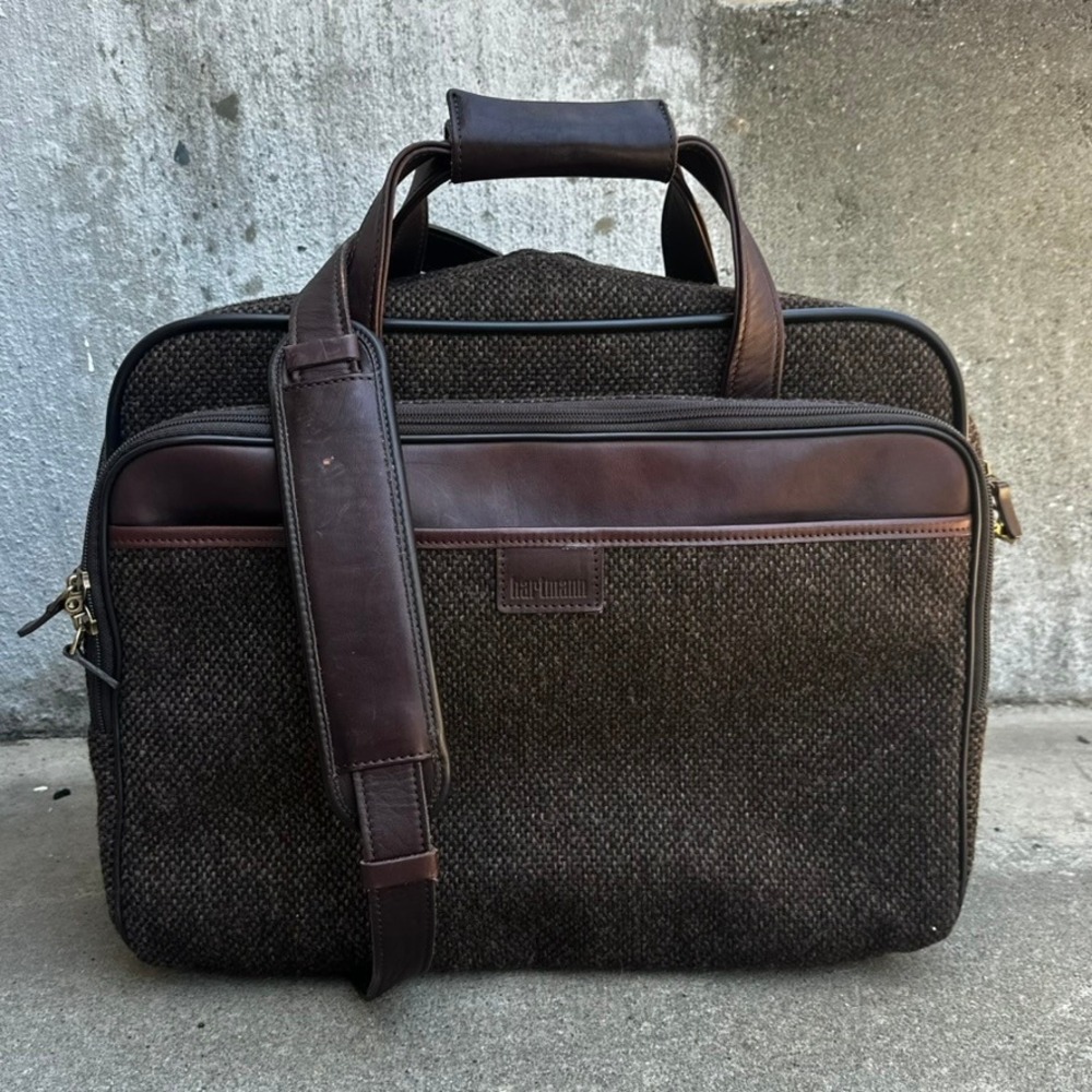 Hartmann Vintage Tweed Leather Briefcase Brown Weekend Messenger Bag Brass